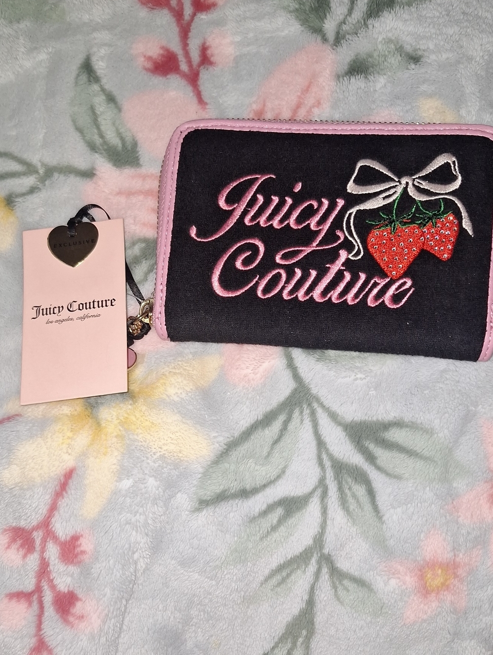 EXCLUSIVE Juicy Couture Black & Pink Strawberry Embroidered Zip Wallet